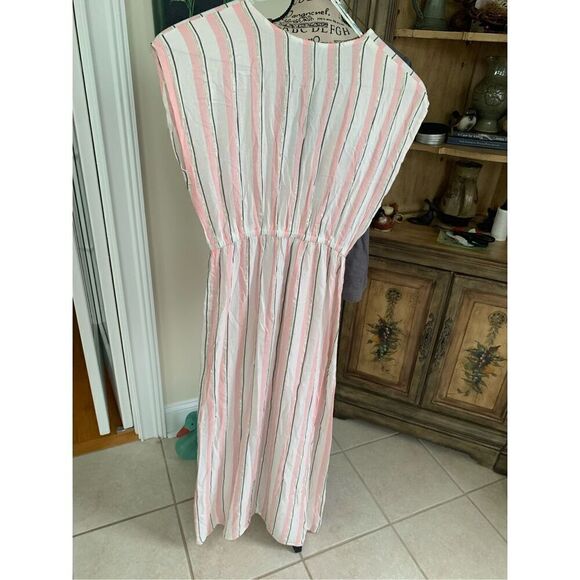Blue Island Rose Pink White & Gold Metallic Thread Striped Maxi Dress - Picture 3 of 9